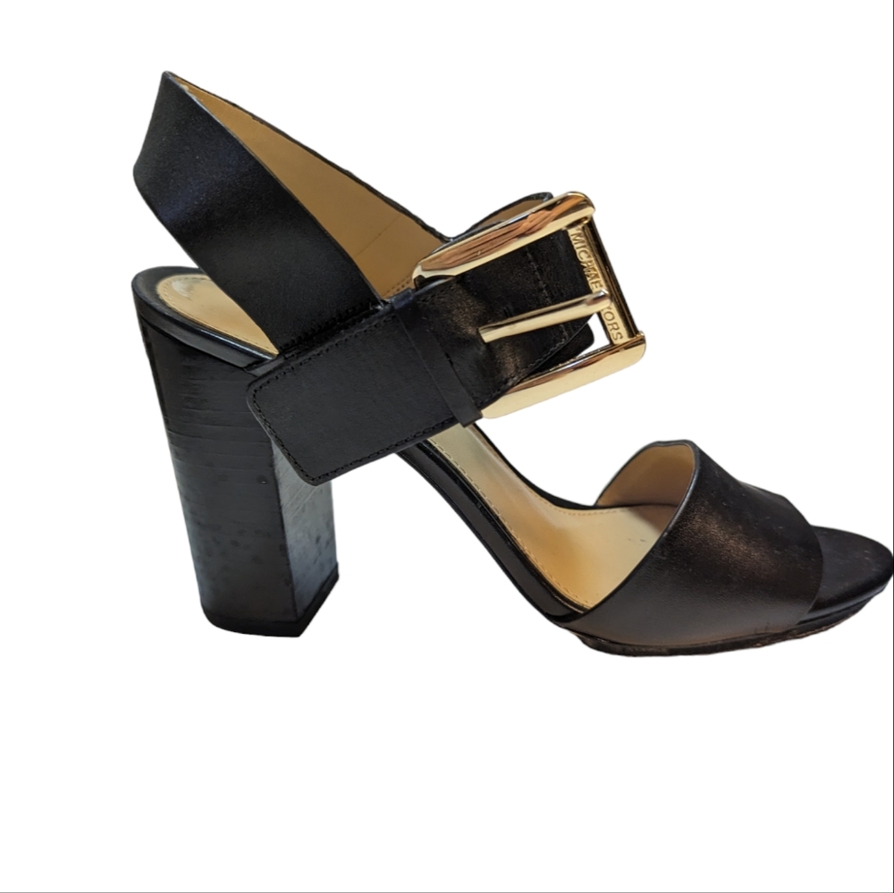 MICHAEL Michael Kors 4" Block Heel Leather Sandals with Gold Buckle Blac…